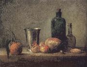 Jean Baptiste Simeon Chardin Orange silver apple pears and two glasses of wine bottles painting